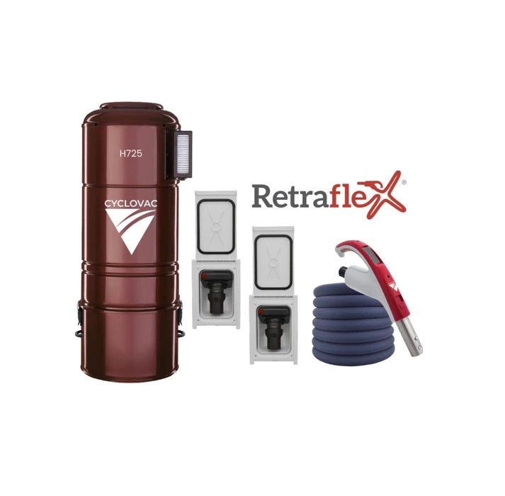 Combo CycloVac 725 - Hybride avec 2 prises de rétractable Retraflex 30' comprenant les accessoires et l’ensemble d’installation