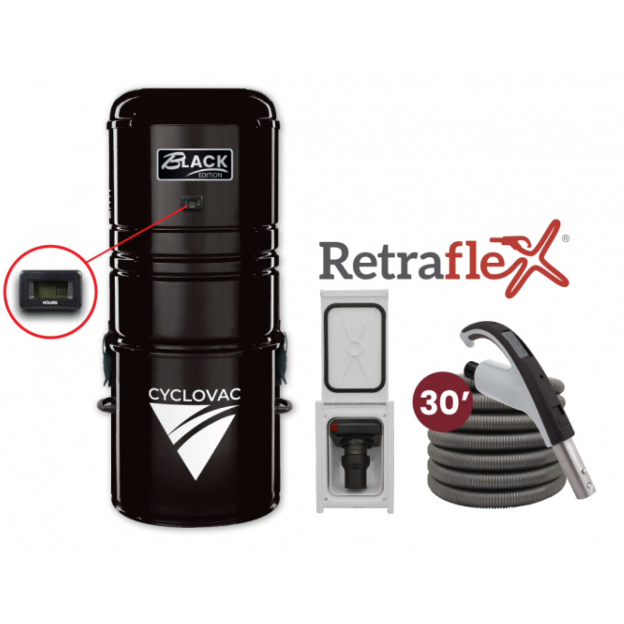 Retraflex Combo - 125 Black Edition central vacuum with bag and 1 retractable hose inlet, including accessories and installation kit - 30' (9.14 m) - Speedyflex hose
