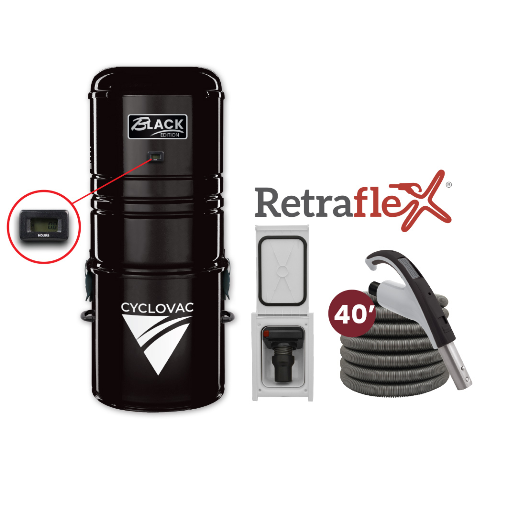 Retraflex Combo - 125 Black Edition central vacuum with bag and 1 retractable hose inlet, including accessories and installation kit - 40' (12.19 m) - Speedyflex hose