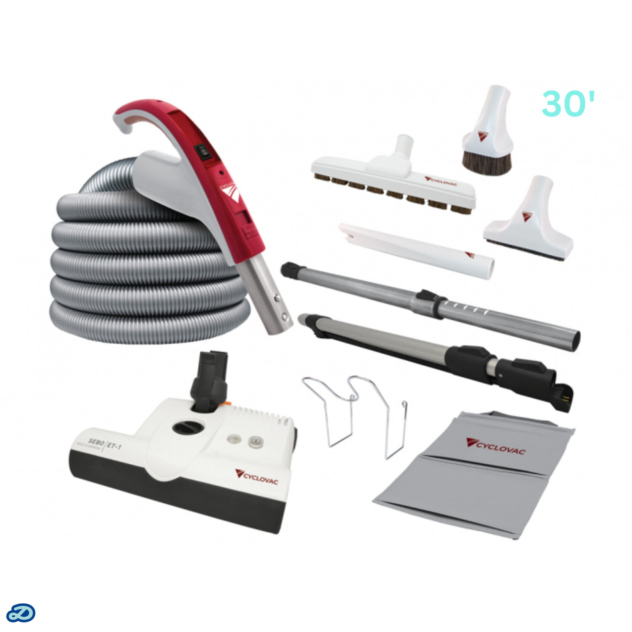 Electric attachment kit 110/24V with Exclusive Cyclovac hose and handle - Super Luxe brush & powerhead (30')