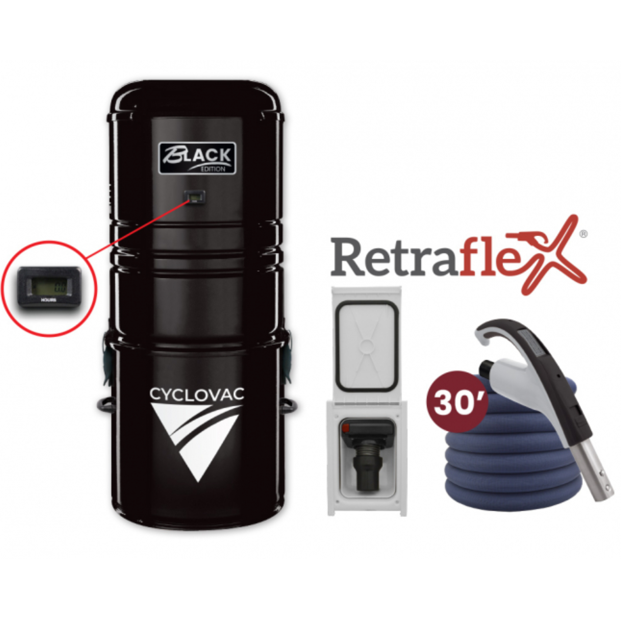 Retraflex Combo - 125 Black Edition central vacuum with bag and 1 retractable hose inlet, including accessories and installation kit - 30' (9.14 m) - Softtouch hose