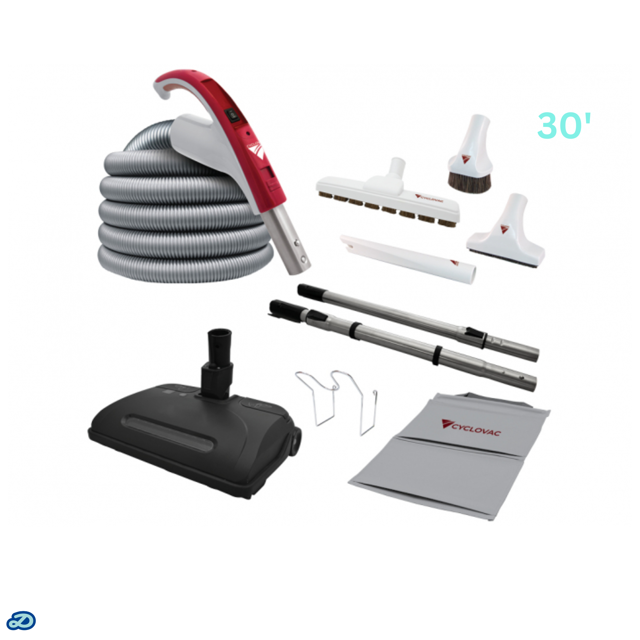 Electric attachment kit 110/24V with Exclusive Cyclovac hose and handle - Super Luxe brush & powerhead (30')