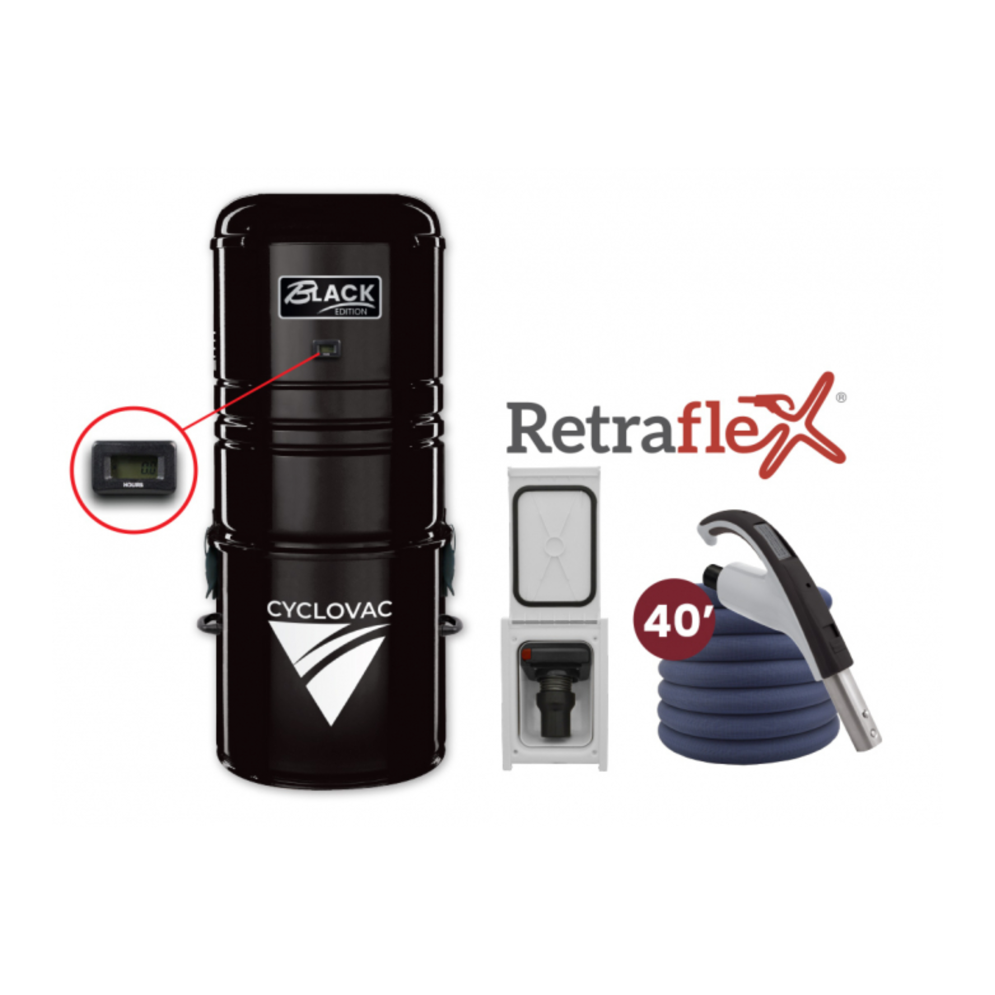 Retraflex Combo - 125 Black Edition central vacuum with bag and 1 retractable hose inlet, including accessories and installation kit - 40' (12.19 m) - Softtouch hose