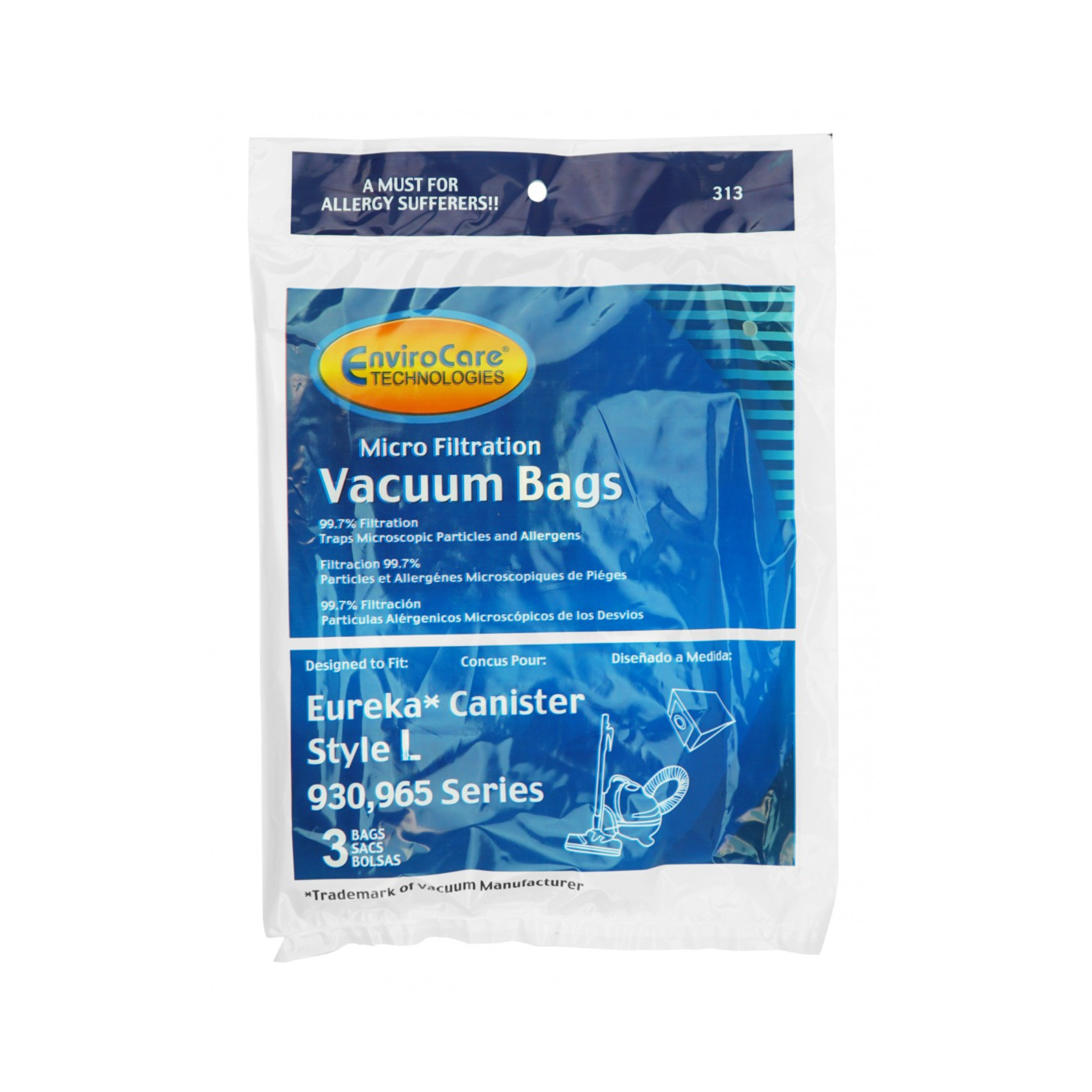 Microfilter Bag for Eureka Type L 930, 965 Series Canister Vacuum - Pack of 3 Bags