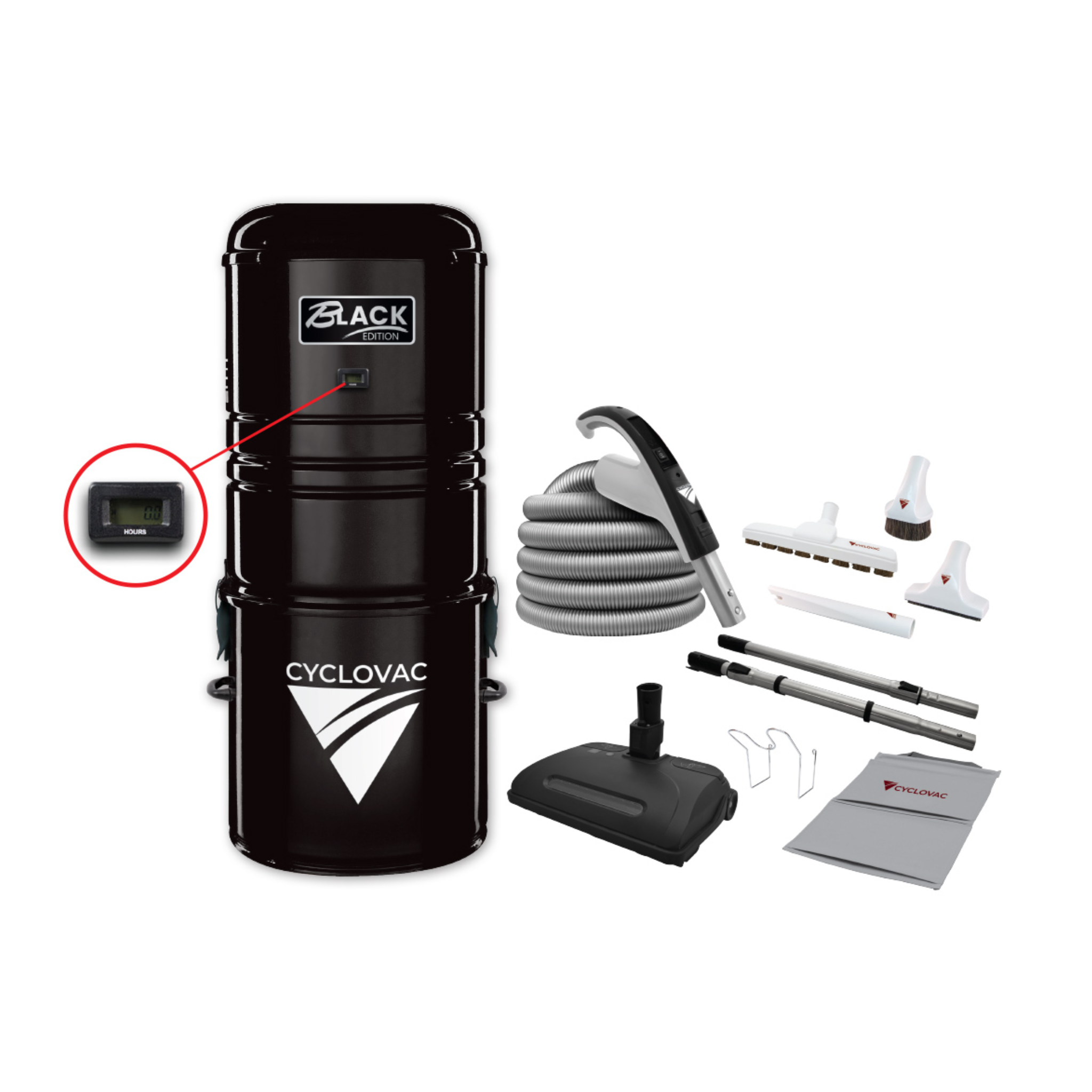 Central Vacuum 125 Black Edition with bag including electric attachment kit 110/24V Super Luxe - hose 35' (10.67 m) - Electric powerhead