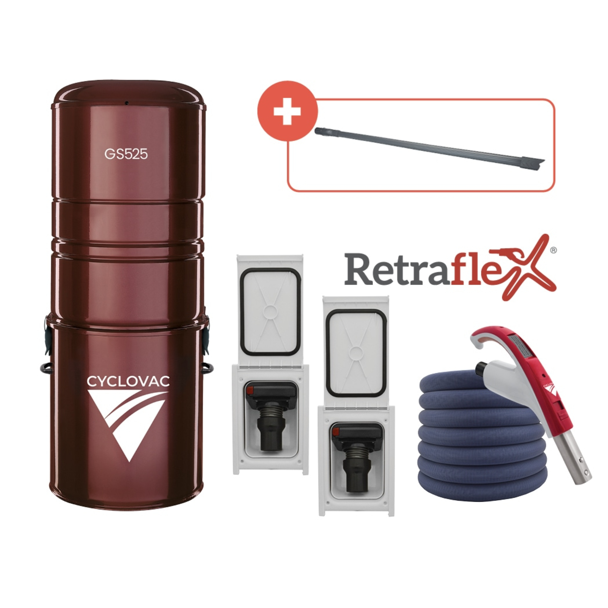 Central vacuum 525 - With bag - Retraflex attachment kit with 2 inlets and SoftTouch hose 50ft (Copie)