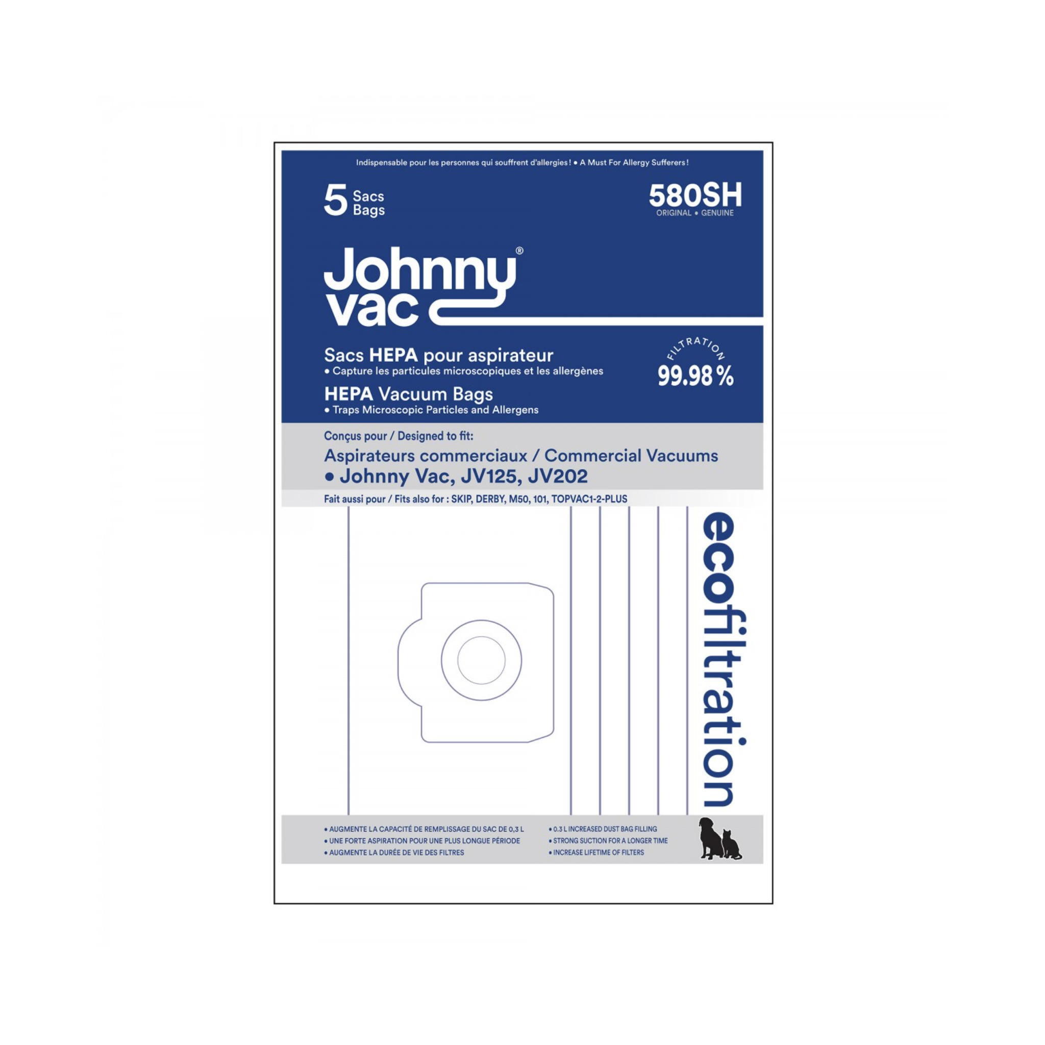 HEPA microfilter bag for Johnny Vac JV125 and JV202 vacuum cleaner - pack of 5 bags