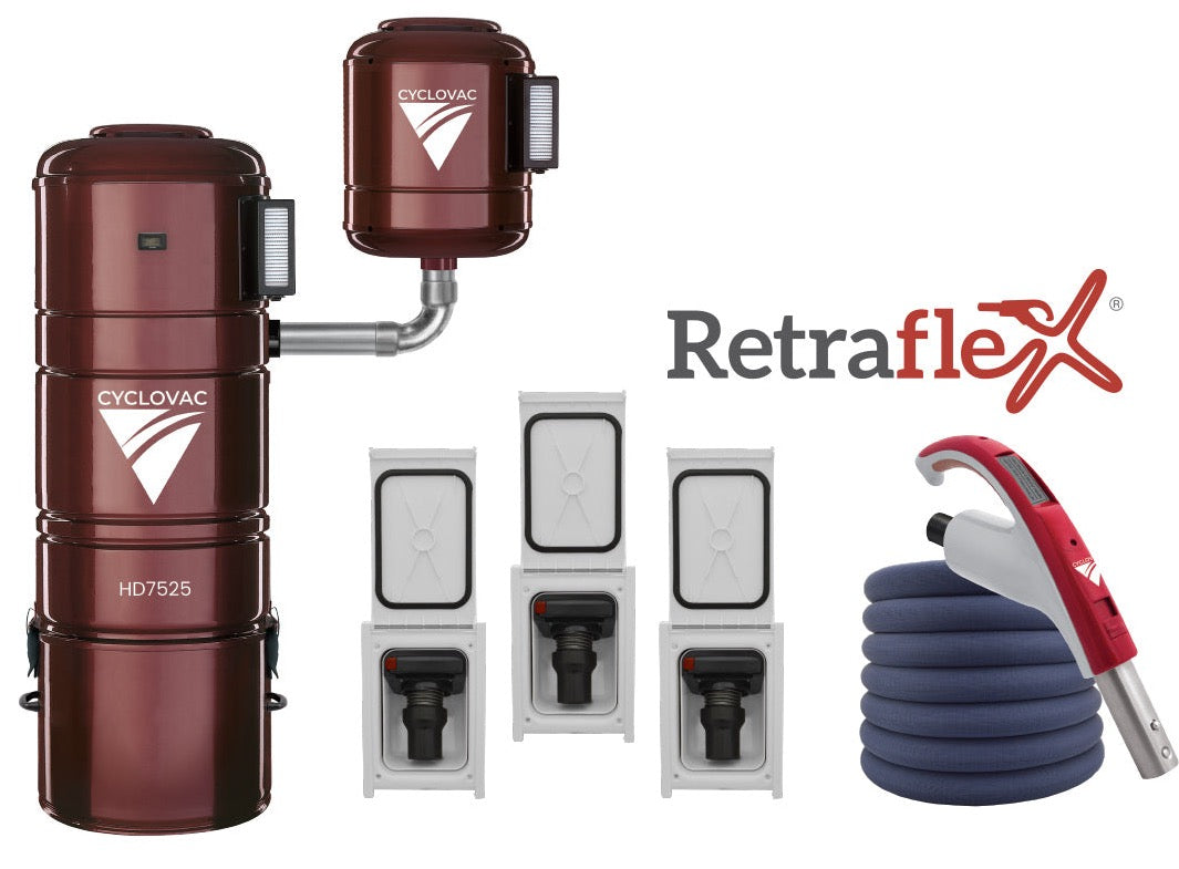 Retraflex Combo - CycloVac H7525 - Hybrid with 3 Retraflex (40') retractable inlets including accessories and installation kit